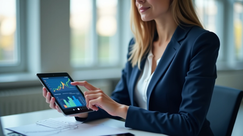 Geschäftsfrau hält Tablet und analysiert finanzielle Kennzahlen und Diagramme