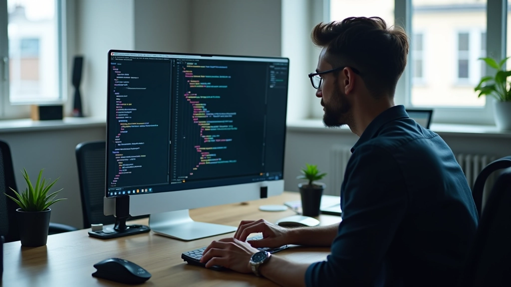 Nahaufnahme von Code und Smart Contracts auf einem Computer-Monitor mit Blockchain-Netzwerkvisualisierung