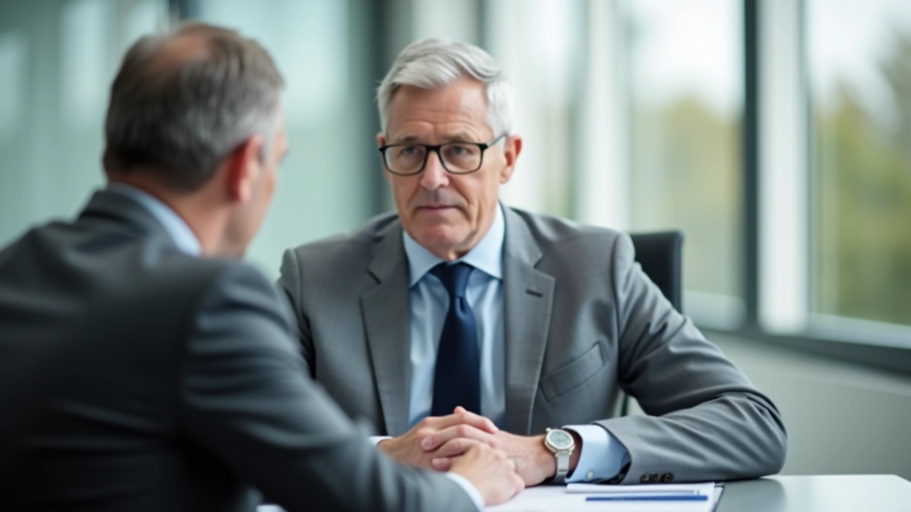 Vermögensberater und Kunde im Gespräch, Schreibtisch mit Finanzplänen, freundliche Atmosphäre, Tageslicht