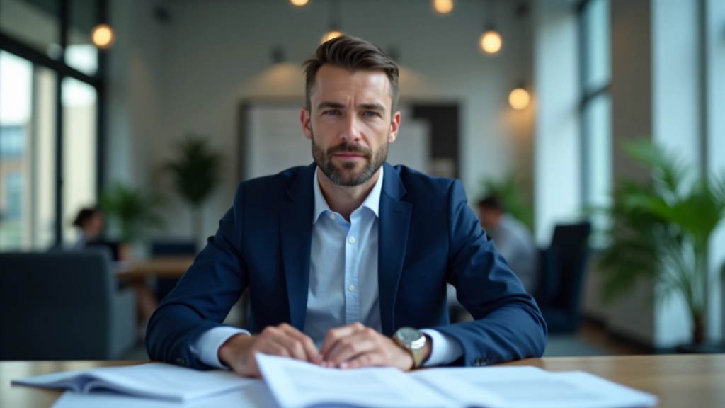 Finanzanalyst am Schreibtisch mit Nachhaltigkeitsberichten und Grafiken, modernes Büro, natürliches Licht
