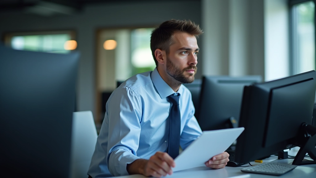 Finanzanalytiker arbeitet am Schreibtisch mit Marktdaten und Diagrammen