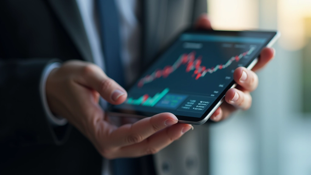 Investor betrachtet Finanzmarkt-Metriken auf einem Tablet, Grafiken und Statistiken zur Portfolio-Analyse
