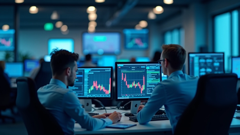 Modernes Finanzanalystzentrum mit Bildschirmen und Finanzdiagrammen