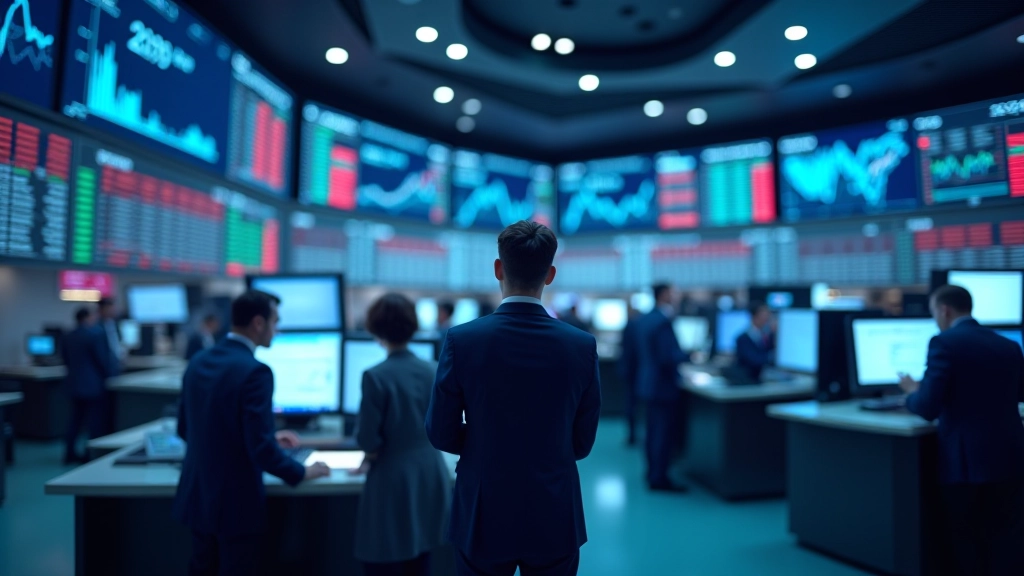 Moderne Börse in Frankfurt mit großen digitalen Anzeigetafeln und Finanzindizes
