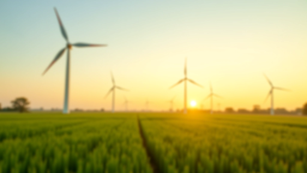 Nachhaltige Energieanlage mit Windkraftanlagen in grüner Landschaft, goldenes Licht, saubere Luft