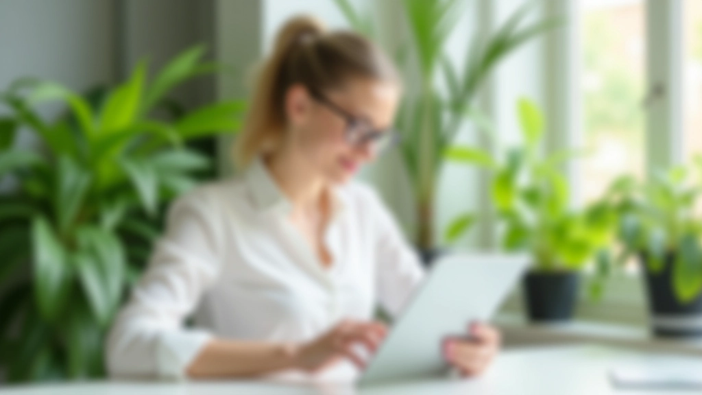 Junge Frau mit Tablet am Schreibtisch, überprüft Investitionen, modernes Home Office, grüne Pflanzen